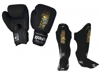 Kanong Muay Thai Gloves + Shin Pads : Simple Black